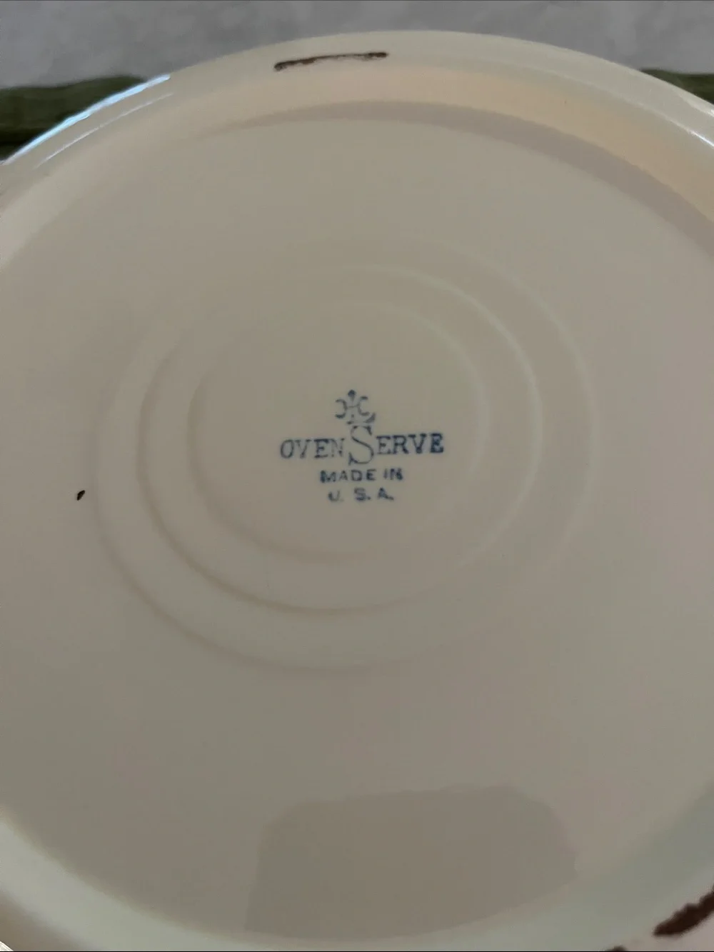 Vintage Homer Laughlin Oven Serve 11” Pie Plate Cream with Green Rose 30’s-40’s